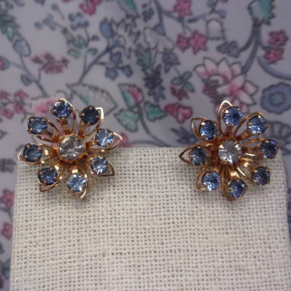 B.N. Blue Rhinestone Starburst Screw Back Earrings
